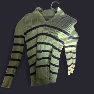 Liz Claiborne Green and Black Striped Turtleneck Sweater